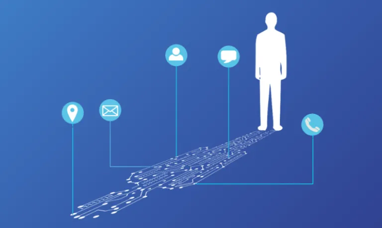 Image of a person with a digital shadow on a blue gradient and various buttoms of tech coming out 