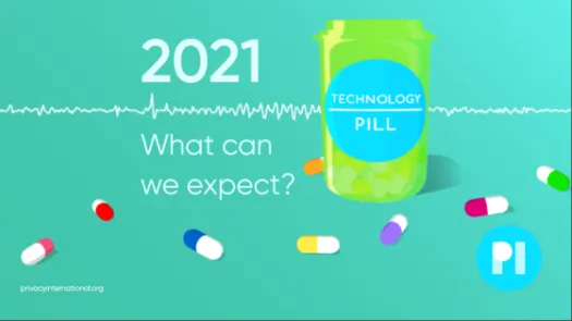 A green pill bottle surrounded by multicolour pills. Label reads Technology Pill, next to title 2021: What can we expect? It sits on a waveform