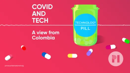 Green pill bottle with label reading Technology Pill surrounded by muli-colour pills with a sound waveform running behind it, text next to the bottle reads Covid and Tech: A view from Colombia