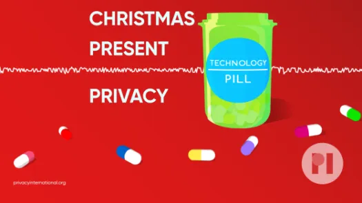 Green pill bottle with label reading Technology Pill surrounded by muli-colour pills with a sound waveform running behind it, text next to the bottle reads Christmas Present Privacy