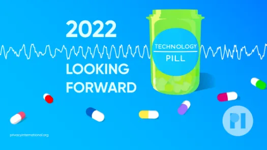 Green pill bottle with label reading Technology Pill surrounded by muli-colour pills with a sound waveform running behind it, text next to the bottle reads 2022 Looking Forward