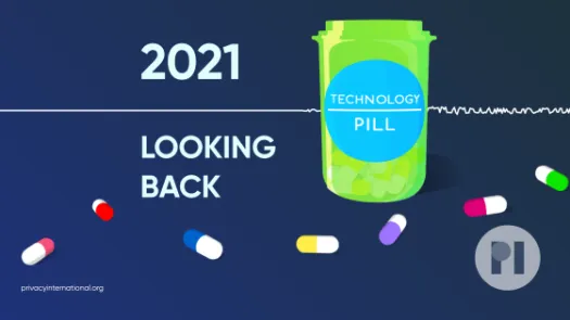 Green pill bottle with label reading Technology Pill surrounded by muli-colour pills with a sound waveform running behind it, text next to the bottle reads 2021 Looking Back