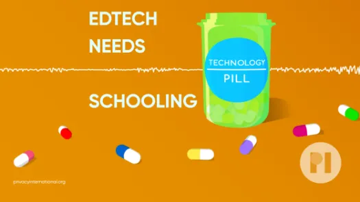 Green pill bottle with label reading Technology Pill surrounded by muli-colour pills with a sound waveform running behind it, text next to the bottle reads EdTech needs Schooling
