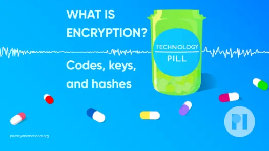 Green pill bottle with label reading Technology Pill surrounded by muli-colour pills with a sound waveform running behind it, text next to the bottle reads What is Encryption? Codes, keys, and hashes