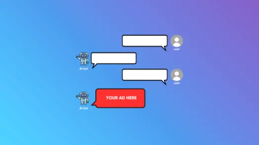 Mock-up AI chatbot conversation between a human user and an AI chatbot over a gradient blue/purple background with white text boxes and a red text box from the AI bot that says 'Your Ad Here.'