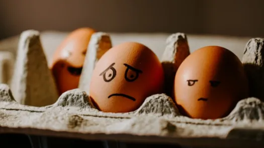 Two eggs in a crate with faces drawn on them, one clearly bad and other mildly embarassed