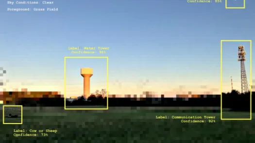 The image features a pixelated landscape with a stretch of grass. There is a water tower in the middle and a communication tower to the right. The image also features a small sun in teh sky and a cow/sheep. These features are all outlined in yellow boxes with percentages indicating the image recognition confidence.