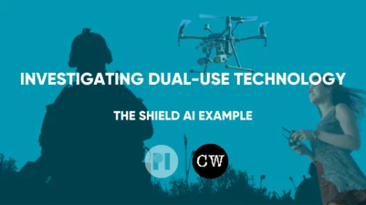 Image collage of drone, military personnel, and woman with remote