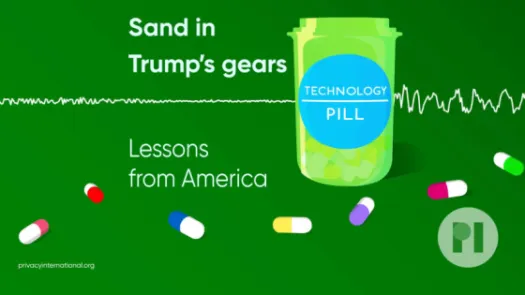 The tech pill's logo: An open green pill bottle with a label readinng Technology pill, sits on top of an audio waveform running through it, text next to it reads Sand in Trump's Gears: Lessons from America
