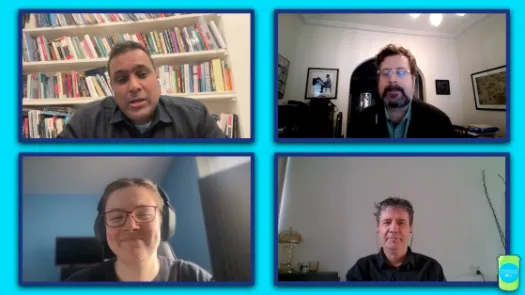 The four speakers for the podcast in zoom style boxes 