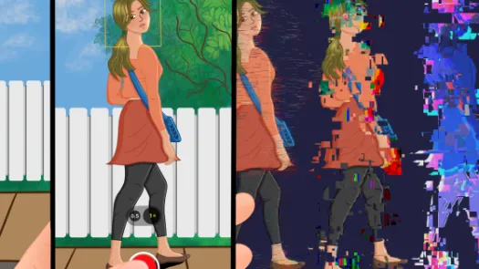 Inside the frame of a mobile phone screen, a woman is depicted walking and looking over her shoulder. Behind her, there is an outdoor scene with the sky, tree, fences, and pavement. A hand is shown grabbing the phone and tapping the record button. On the left side of the phone, a small portion of the same sky, fences, and pavement is displayed in a different scale, representing the world outside the screen. On the right side of the phone, three figures of the same woman are shown against a plain background