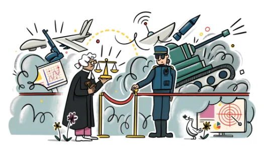 A graphic showing a lawyer trying to enter a war zone