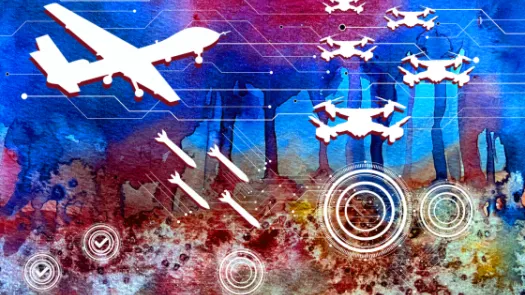 Planes, drones, and bombs dropping on a multicoloured landscape