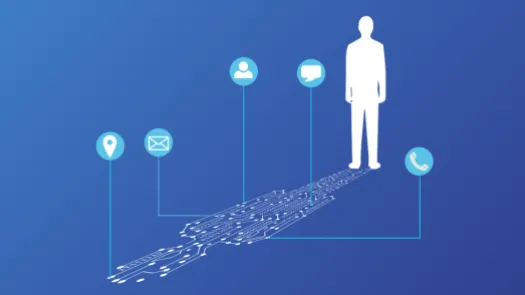Image of a person with a digital shadow on a blue gradient and various buttoms of tech coming out 