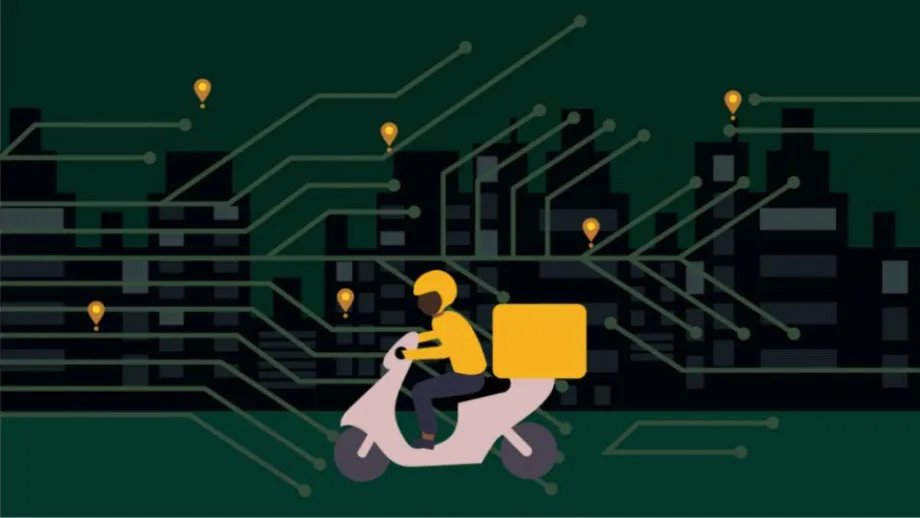 Delivery driver on a motorcycle with digital nodes in the background.