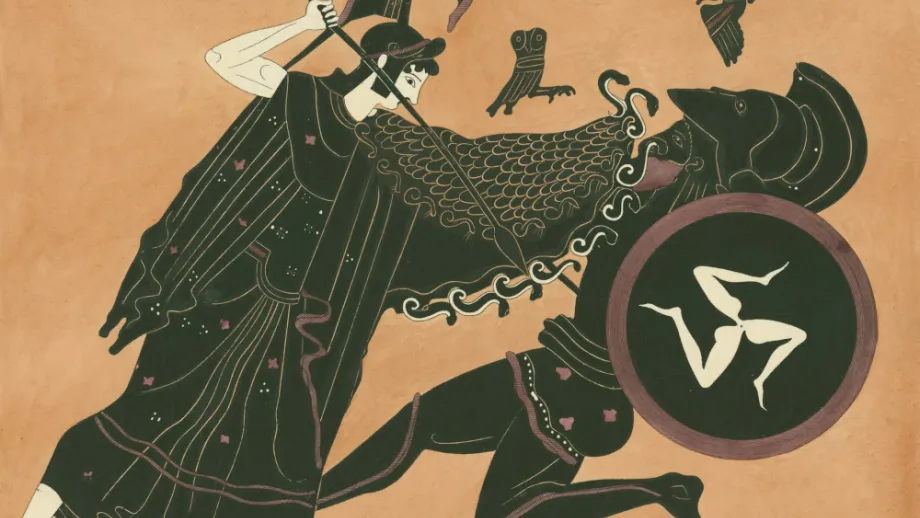 Ancient greek figures in combat with birds overhead