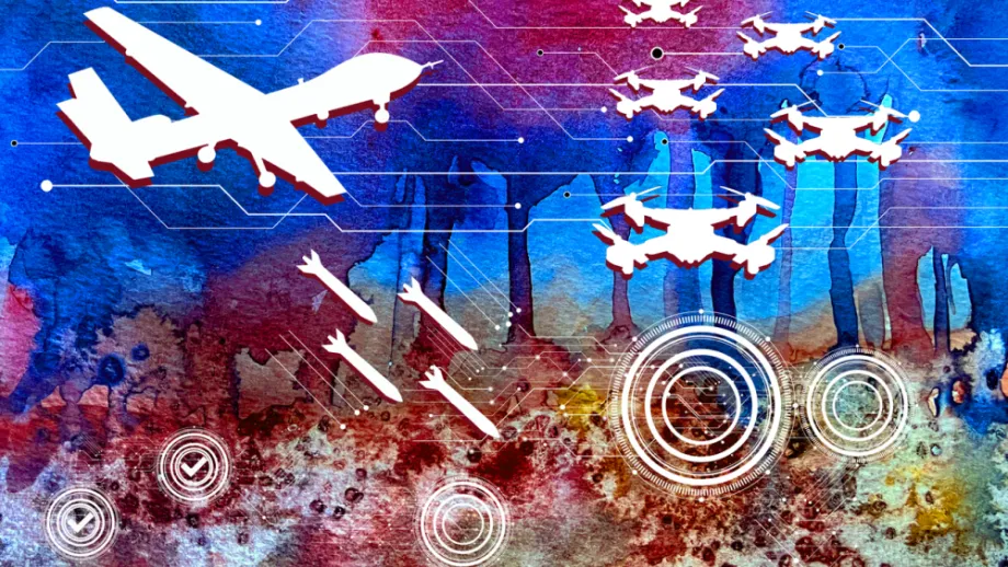 Planes, drones, and bombs dropping on a multicoloured landscape