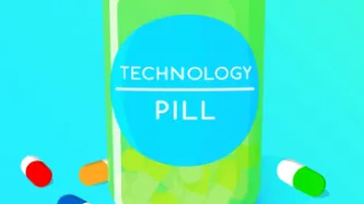A green pill bottle surrounded by muticoloured pills, the label reads Technology Pill