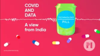 Technology Pill logo sound waveform runs behind it text reads Covid and Data a view from India