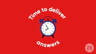 An alarm clock surrounded by 'Time to deliver answers'