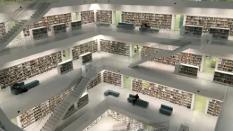 Photo of the open hall of a library on multiple floors