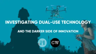 Image collage of drone, military personnel, and woman with remote